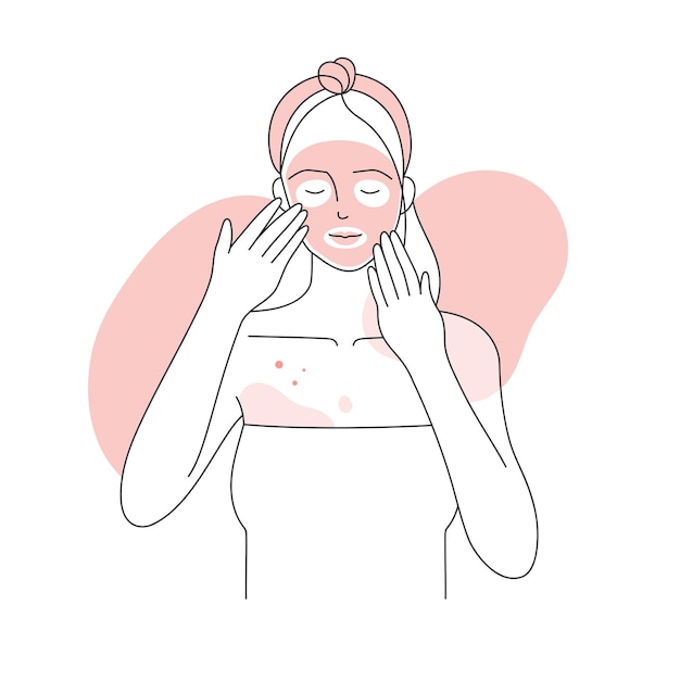 Girl with treatment sheet face mask Acne beauty care mask skin care procedure line vector illustration