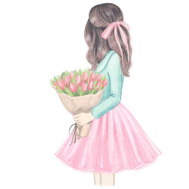 Ragazza con i tulipani. illustrazione di moda disegnata a mano.