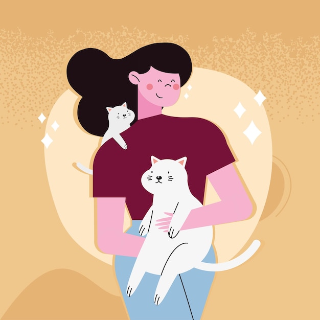 Girl with two cats on orange background