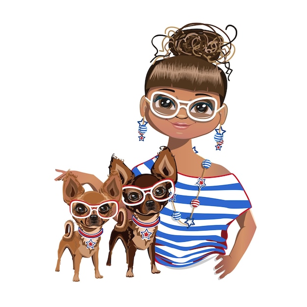 Vector girl with two small dogs