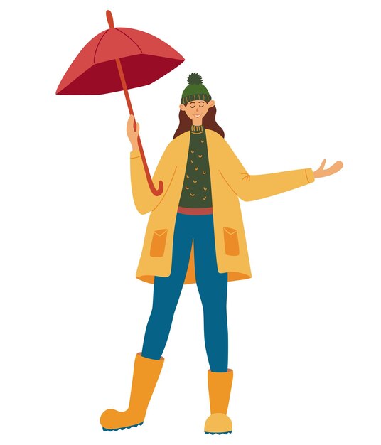 Vector girl with an umbrella enjoys the rain. autumn rain. smiling girl with umbrella. colorful woman enjoying autumn season outdoor. happy female wearing raincoat and rubber boots. vector flat illustration.