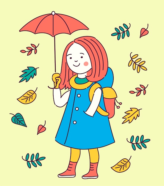 Vettore ragazza con l'ombrello che va a scuola.