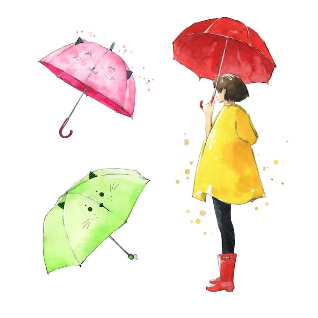 Girl with umbrella  and two cute umbrellas with kitty faces watercolor illustration