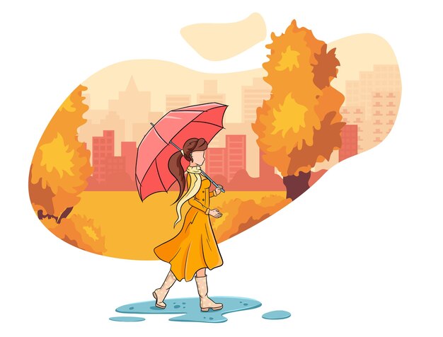 A girl with an umbrella walks through the autumn park. cartoon style. vector illustration for design and decoration.