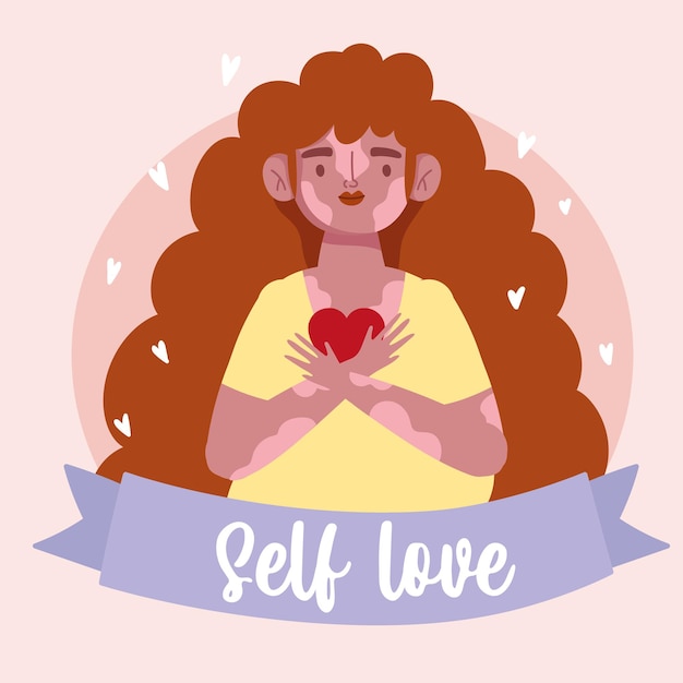 Vector girl with vitiligo holds heart cartoon character self love  illustration