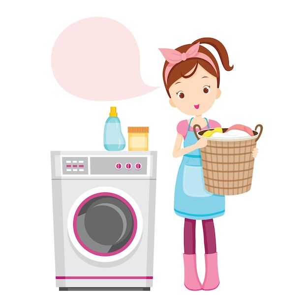 Girl With Washing Machine, Holding Basket Full Of Clothes