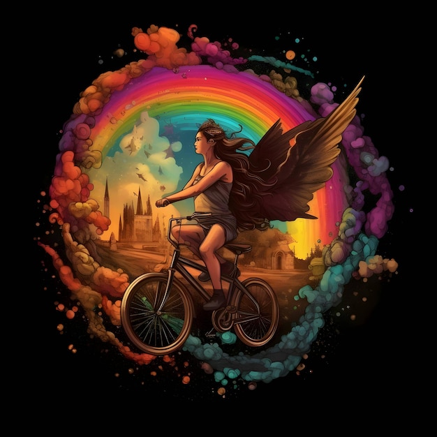 Girl with wings on a bicycle rainbow in the background logo black background