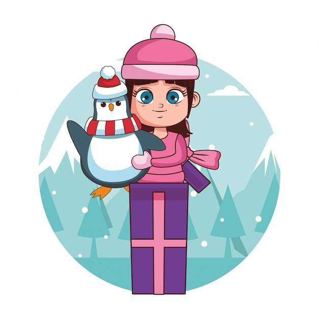 Girl with winter clothes and penguin inside gift box