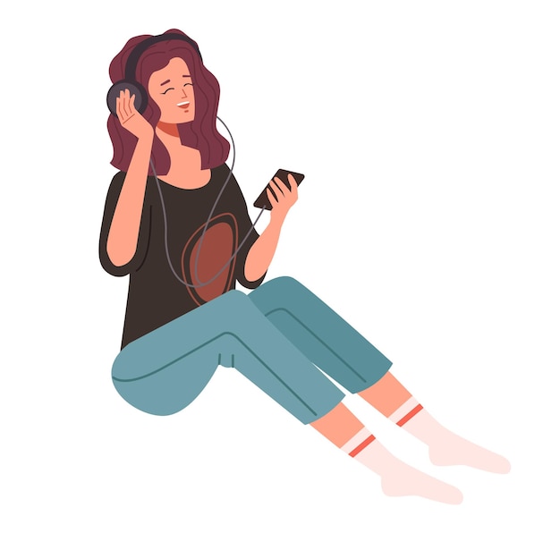 Vector girl woman character listening music isolated concept flat graphic design illustration