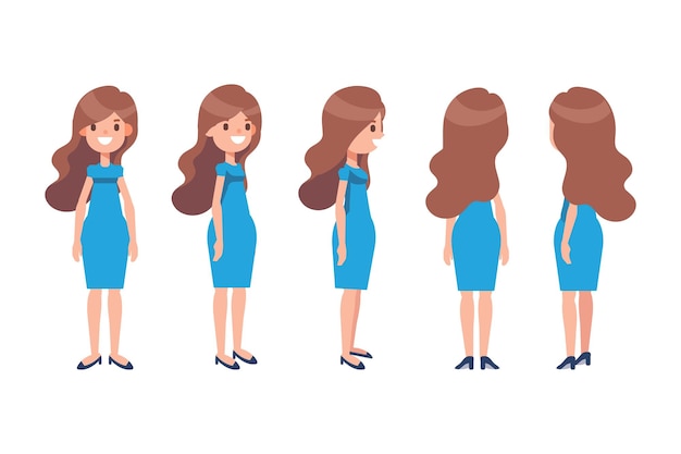 Girl Woman in dress front side back view flat vector character for animation Separate body parts