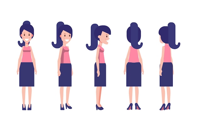 Girl Woman front side back view flat vector character for animation Separate body parts