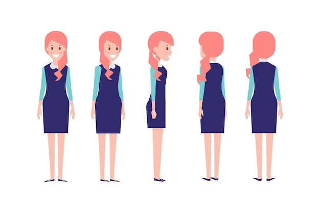 Girl woman front side back view flat vector character for animation separate body parts