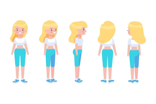 Vector girl woman front side back view flat vector character for animation separate body parts