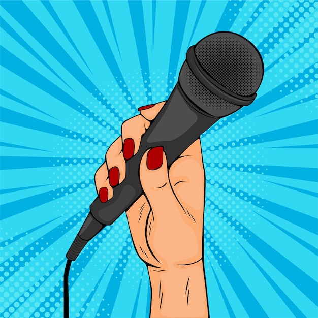 Girl or woman hand hold microphone cartoon vector illustration in pop art retro comic style