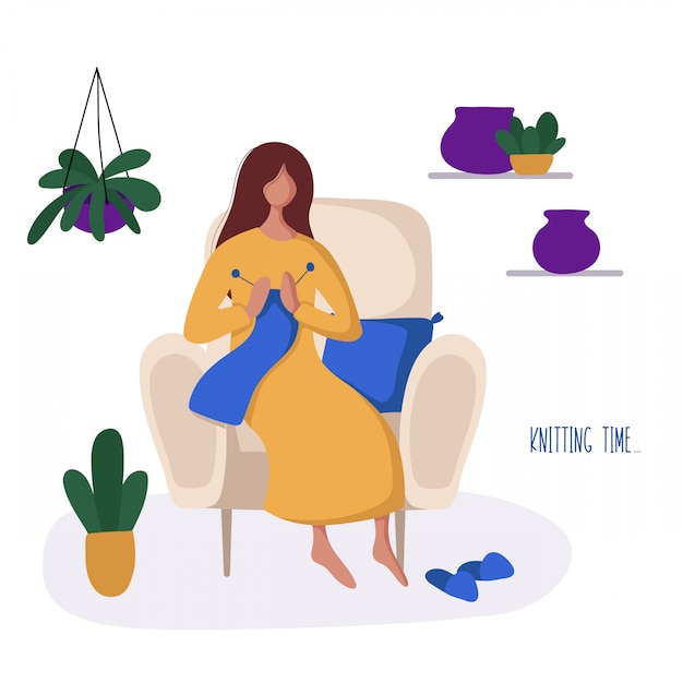 Vector girl or woman and her hobby - knitting