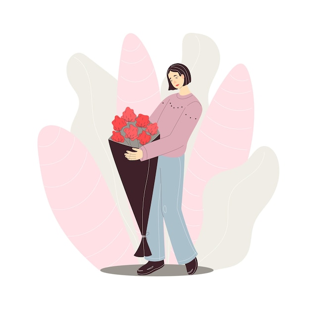 Vector girl woman holds a big bouquet of flowers in her hands and smiles, flat style, pastel colors, outlin