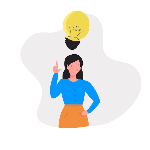 Vector a girl a woman and an idea business creativity lightbulb idea a brunette girl in blue