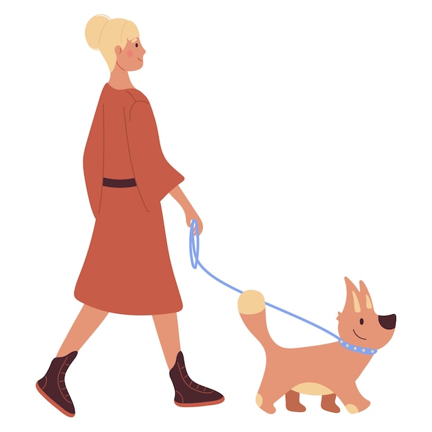 A girl a woman in a red coat a dress walks with a dog on a leash Vector illustration