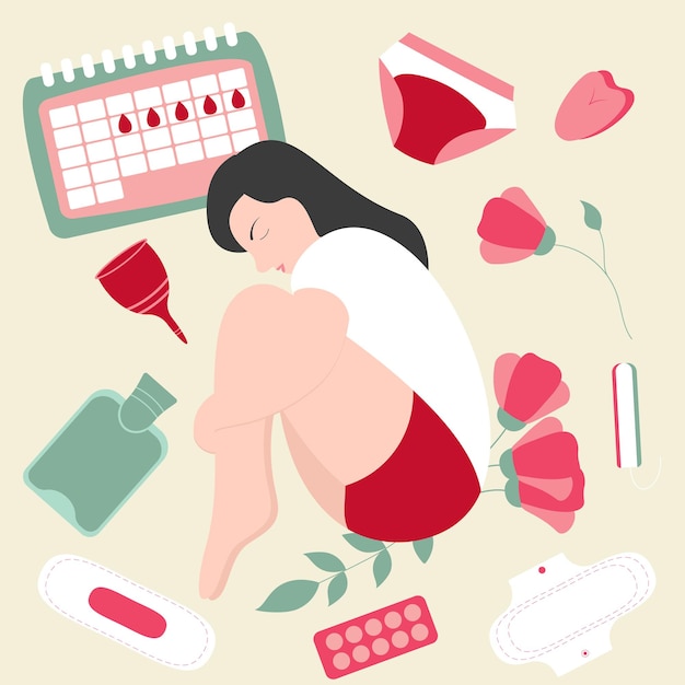 Girl or women with menstrual pains. Menstruating health cycle. Menstruation concept.