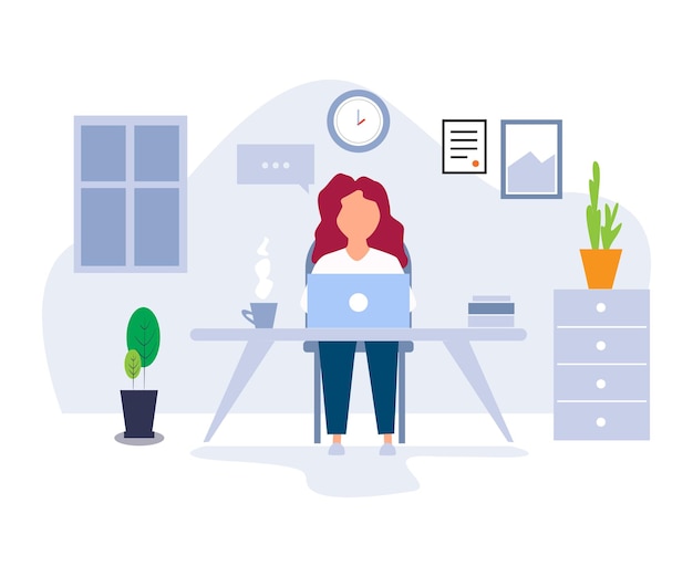 Girl work from home in laptop vector illustration