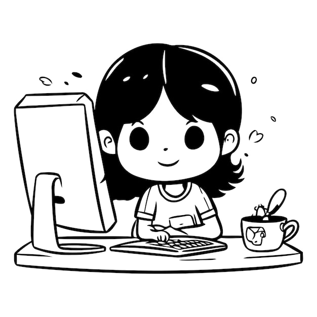 Girl working on computer at home Cute cartoon vector illustration