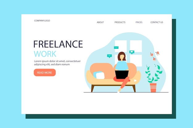 Girl working from home. Landing page template .Vector illustration in a flat style.