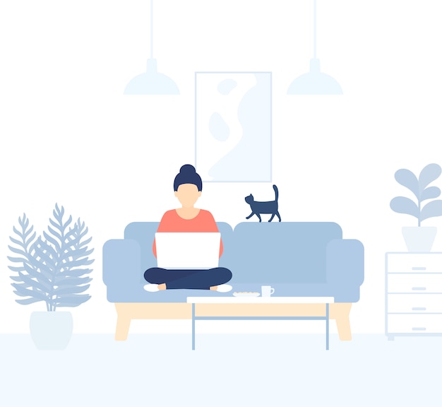 Girl working at home,   illustration