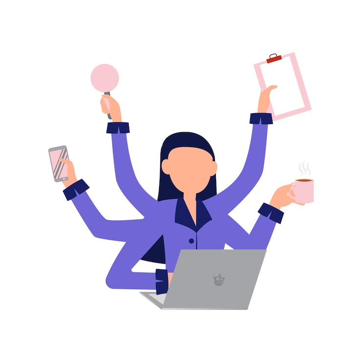 Vector girl working on laptop and drinking coffee