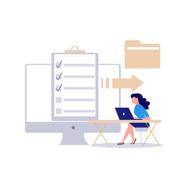 Vector girl working on laptop