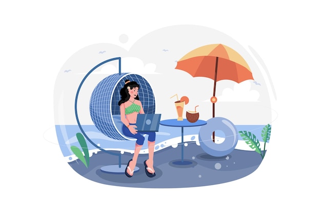 Vector girl working on vacation illustration concept