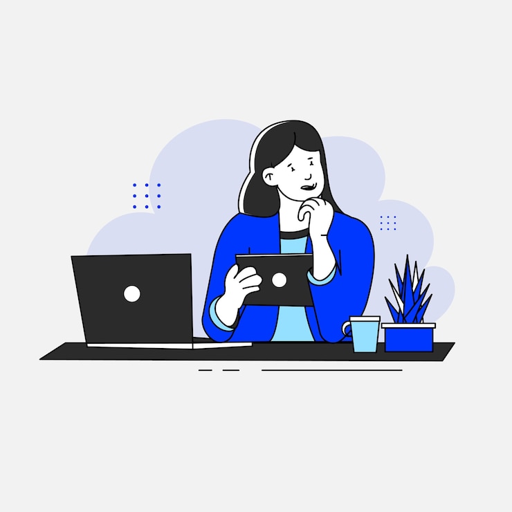 Vector girl working with a laptop