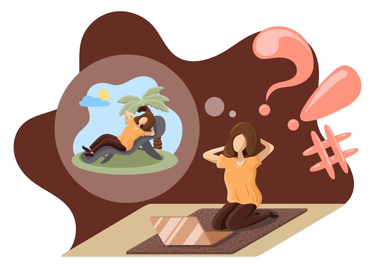 Vector girl works at home, dreams of a vacation at sea. freelancer working from home on a laptop or beach