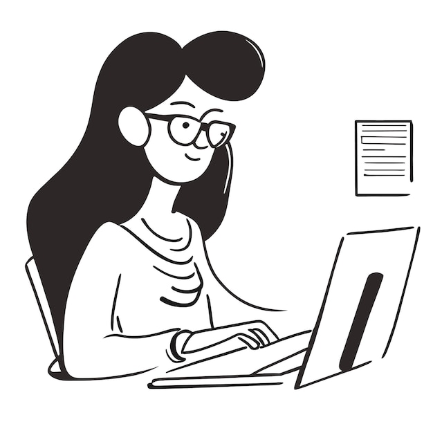 Girl works on the office desk hand drawn flat stylish cartoon sticker icon concept isolated