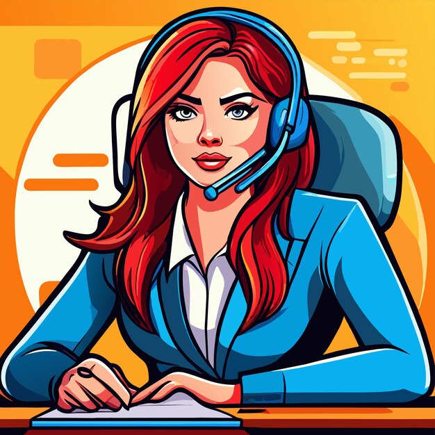 Girl works on the office desk hand drawn flat stylish cartoon sticker icon concept isolated