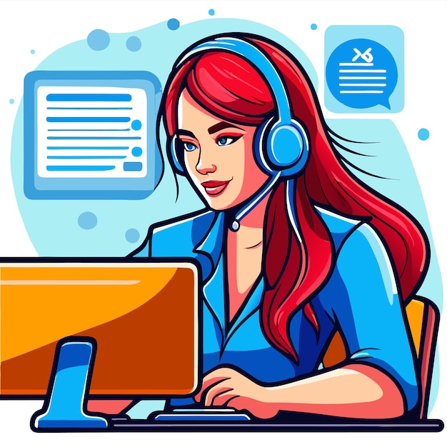 Girl works on the office desk hand drawn flat stylish cartoon sticker icon concept isolated
