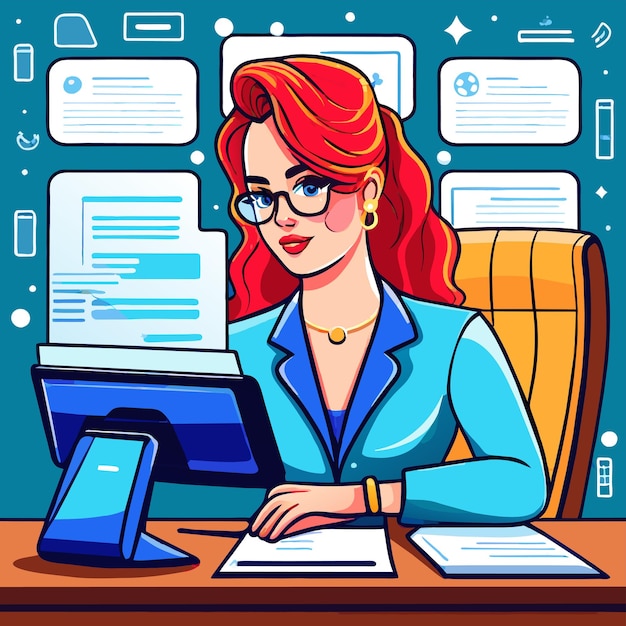 Girl works on the office desk hand drawn flat stylish cartoon sticker icon concept isolated