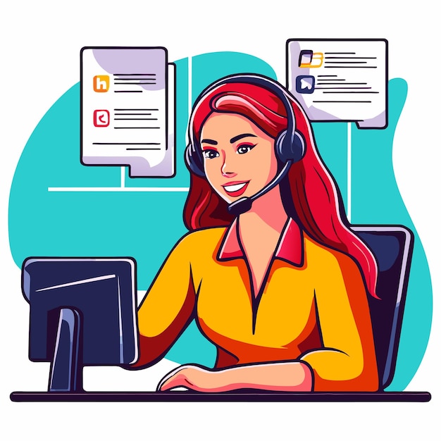 Girl works on the office desk hand drawn flat stylish cartoon sticker icon concept isolated