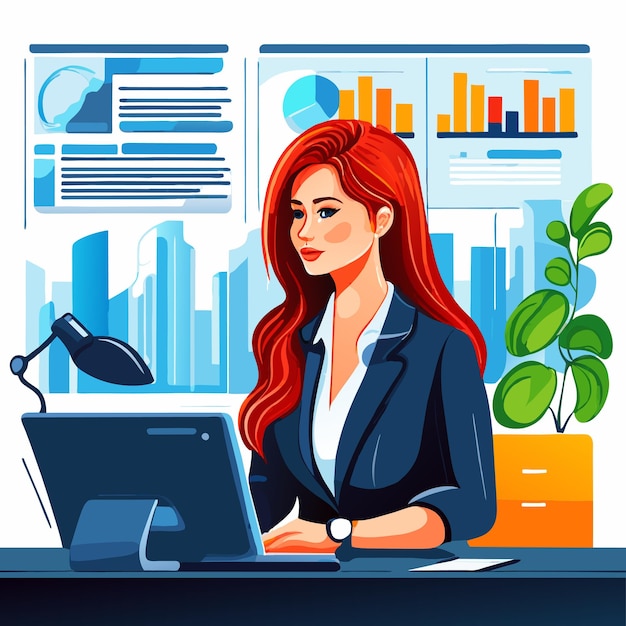 Vector girl works on the office desk hand drawn flat stylish cartoon sticker icon concept isolated
