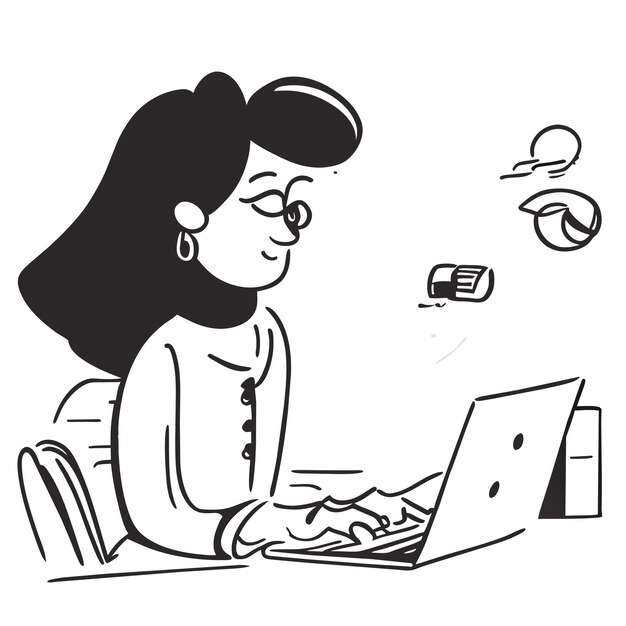 女の子はオフィスの机で働いています手描きのフラットスタイリッシュな漫画ステッカーアイコンコンセプト分離