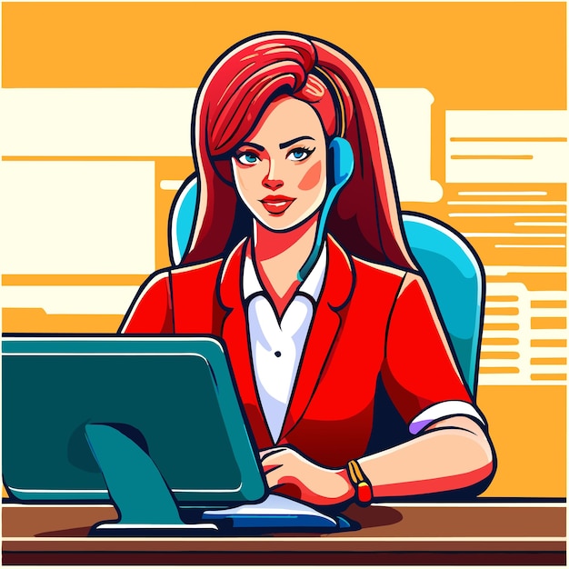 Vector girl works on the office desk hand drawn flat stylish cartoon sticker icon concept isolated