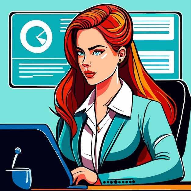 Girl works on the office desk hand drawn flat stylish cartoon sticker icon concept isolated