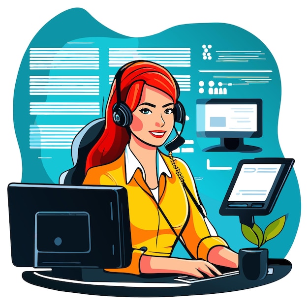 Vector girl works on the office desk hand drawn flat stylish cartoon sticker icon concept isolated