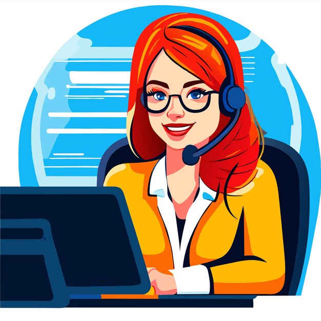 Vector girl works on the office desk hand drawn flat stylish cartoon sticker icon concept isolated