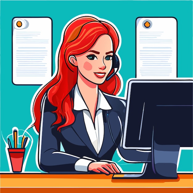 Girl works on the office desk hand drawn flat stylish cartoon sticker icon concept isolated