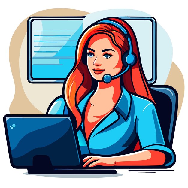 Vector girl works on the office desk hand drawn flat stylish cartoon sticker icon concept isolated