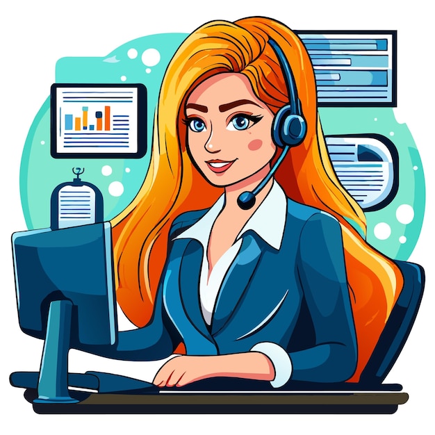 Vector girl works on the office desk hand drawn flat stylish cartoon sticker icon concept isolated