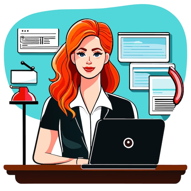 Vector girl works on the office desk hand drawn flat stylish cartoon sticker icon concept isolated