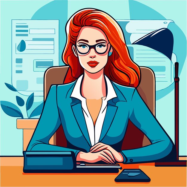 Vector girl works on the office desk hand drawn flat stylish cartoon sticker icon concept isolated