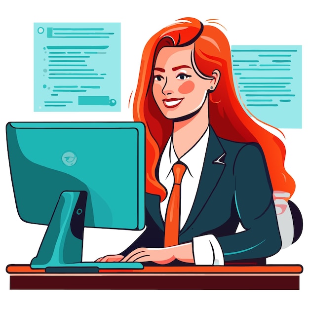 Vector girl works on the office desk hand drawn flat stylish cartoon sticker icon concept isolated