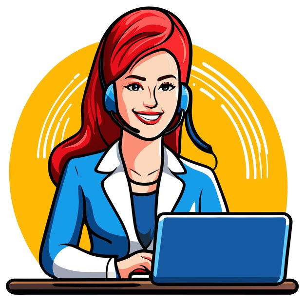 Vector girl works on the office desk hand drawn flat stylish cartoon sticker icon concept isolated